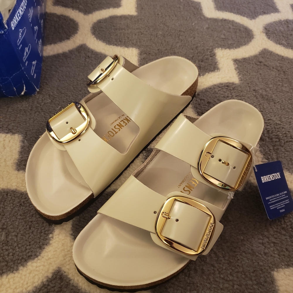 Birkenstock White Sandals with Gold Buckles